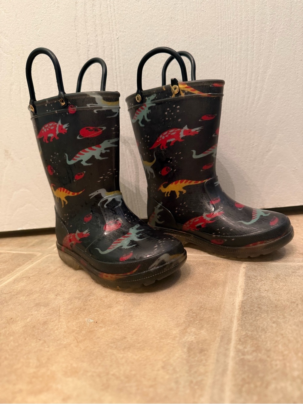 Kids Black Dinosaur light up Rain Boots with Handles